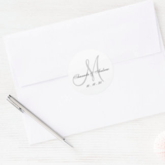 Monogram Names Date Script Elegant Wedding Classic Round Sticker