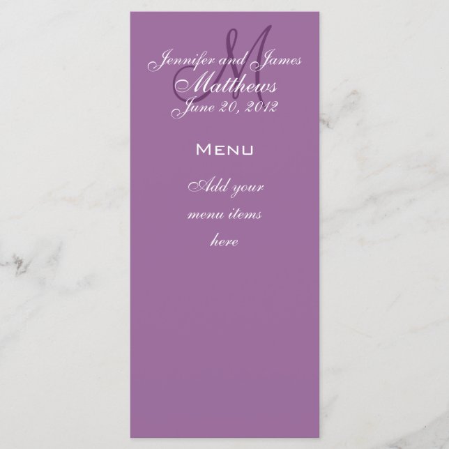 Monogram Names Date Wedding Menu Cards Purple (Front)