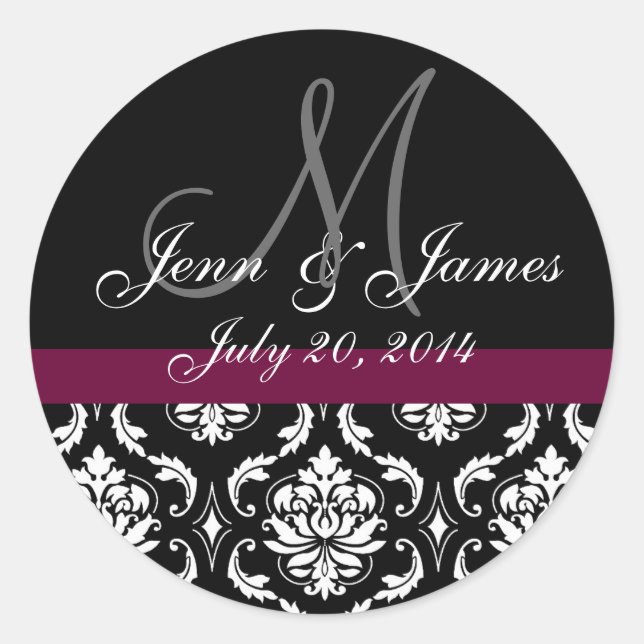 Monogram Names Date Wine Damask Wedding Seal (Front)