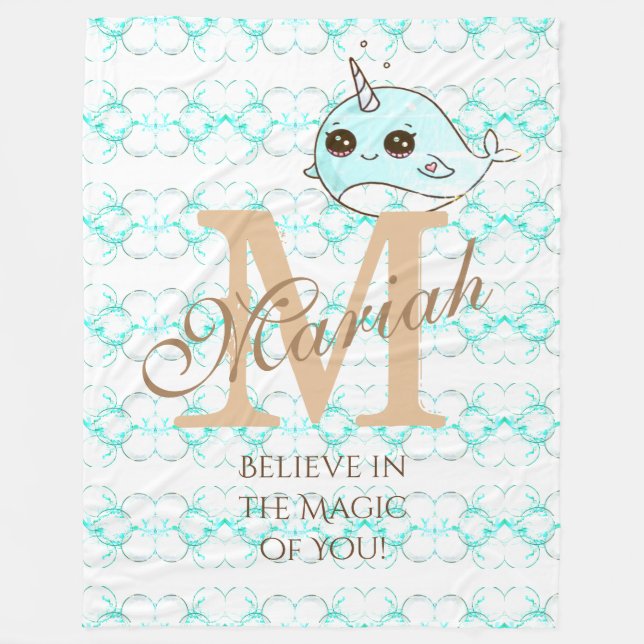 Monogram Narwhal Fleece Blanket Blue Bubbles (Front)