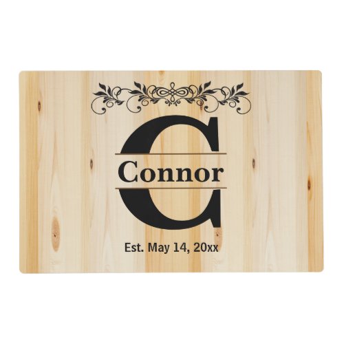 Monogram Natural Butcher Block Wood Design Placemat