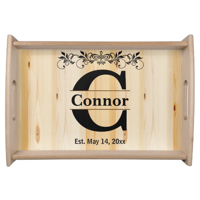 Monogram Natural Butcher Block Wood Design Serving Tray (Front)