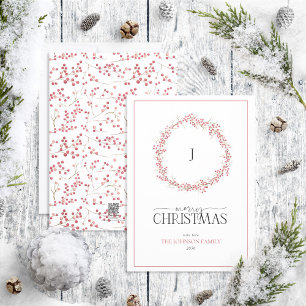Monogram Natural Red Berry Wreath Merry Christmas Holiday Card
