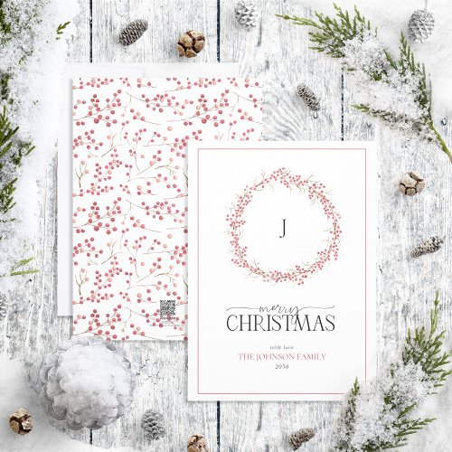 Monogram Natural Red Berry Wreath Merry Christmas  Holiday Card