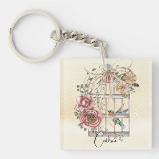 Monogram natural watercolor flowers and birdcage keychain