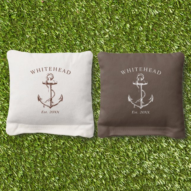 Monogram Nautical Anchor Brown Cornhole Bags (Grass)