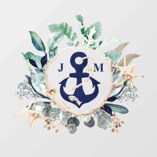 Monogram Nautical Anchor Greenery Wreath Navy Wall Decal