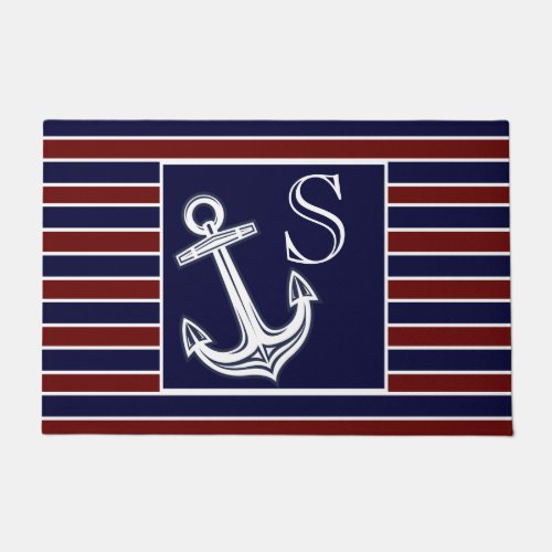 Monogram Nautical Anchor Navy Blue Maroon stripes Doormat