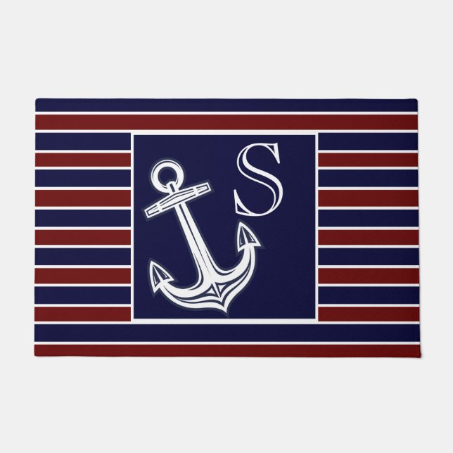 Monogram Nautical Anchor Navy Blue Maroon stripes Doormat (Front)