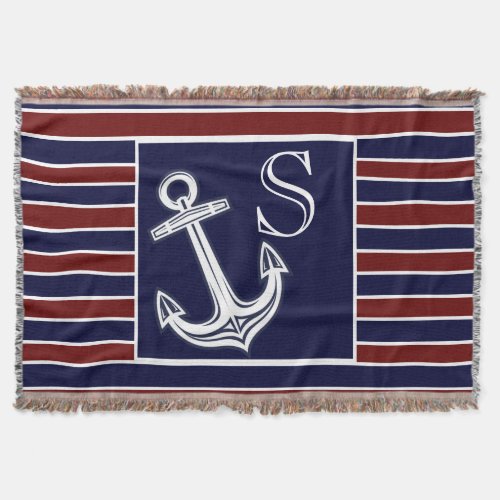  Monogram Nautical Anchor Navy Blue Maroon stripes Throw Blanket
