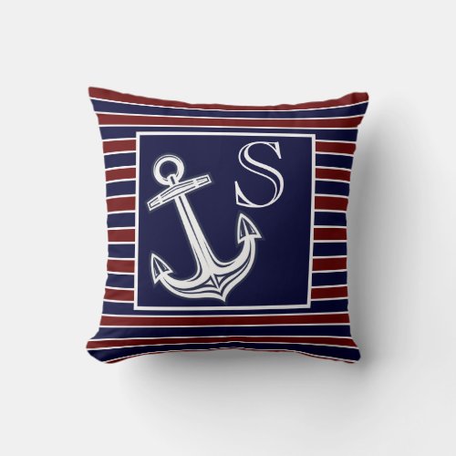  Monogram Nautical Anchor Navy Blue Maroon stripes Throw Pillow