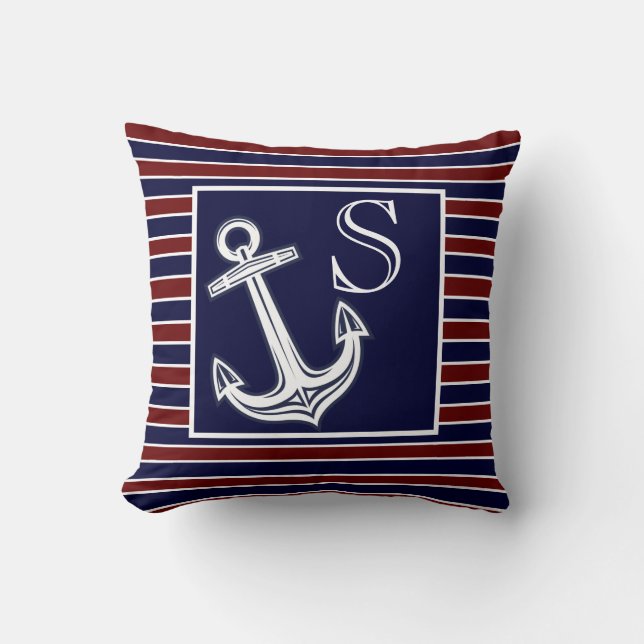  Monogram Nautical Anchor Navy Blue Maroon stripes Throw Pillow (Front)