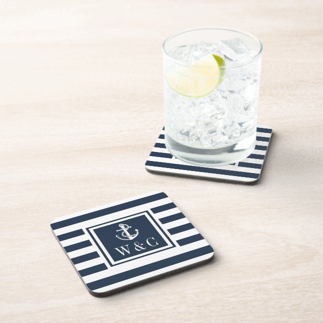 Monogram Nautical Anchor Navy Blue Stripe Beverage Coaster (Right Side)
