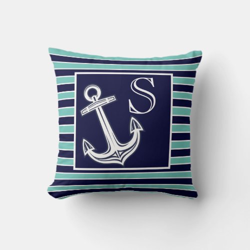  Monogram Nautical Anchor Navy Blue Teal stripes Throw Pillow