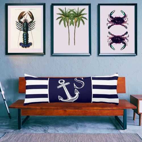 Monogram Nautical Anchor Navy Blue  White stripes  Body Pillow