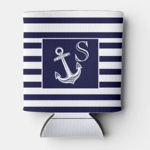 Monogram Nautical Anchor Navy Blue White stripes Can Cooler