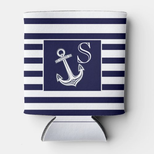 Monogram Nautical Anchor Navy Blue  White stripes  Can Cooler
