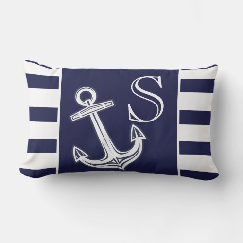 Monogram Nautical Anchor Navy Blue  White stripes  Lumbar Pillow