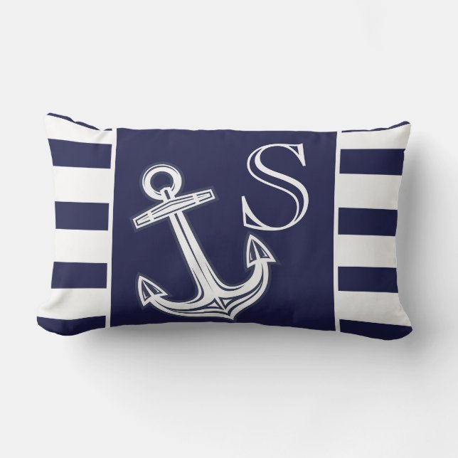 Monogram Nautical Anchor Navy Blue  White stripes  Lumbar Pillow (Front)