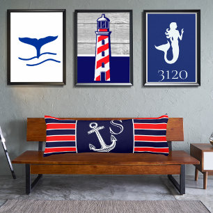 Monogram Nautical Anchor Navy Red White stripes Body Pillow