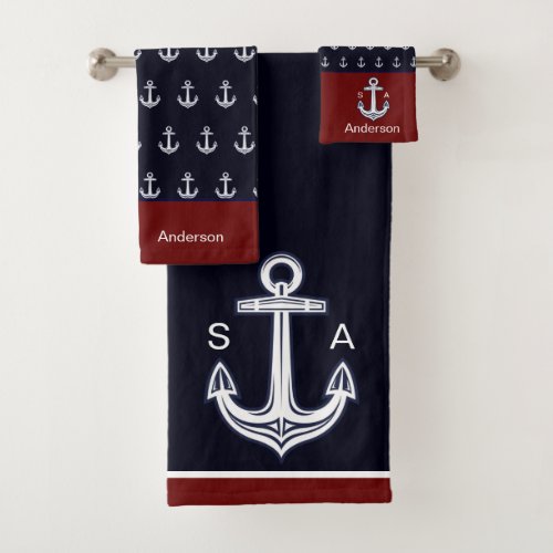 Monogram Nautical Anchor Navy White Maroon Coastal Bath Towel Set