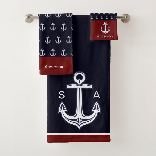 Monogram Nautical Anchor Navy White Maroon Coastal Bath Towel Set (Insitu)