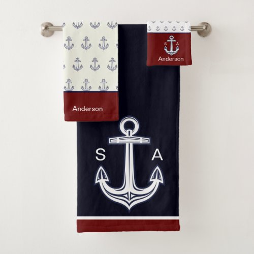 Monogram Nautical Anchor Navy White Maroon Coastal Bath Towel Set