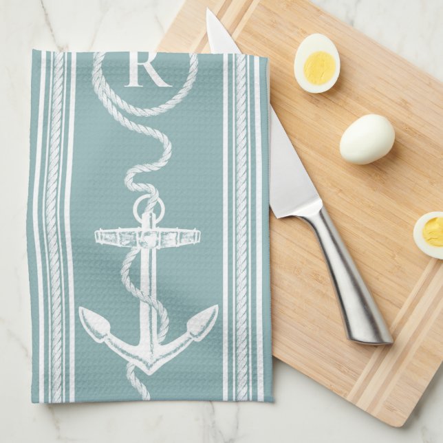 Monogram Nautical Anchor Rope Neutral Turquoise Kitchen Towel (Quarter Fold)