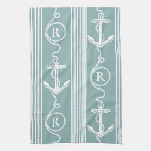 Monogram Nautical Anchor Rope Neutral Turquoise Kitchen Towel