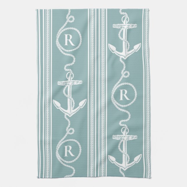 Monogram Nautical Anchor Rope Neutral Turquoise Kitchen Towel (Vertical)