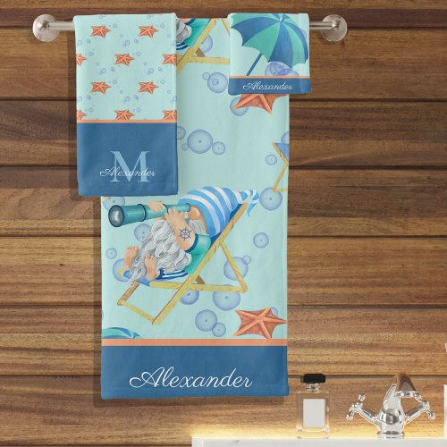 Monogram Nautical Beach Gnome Blue White Boy Bath Towel Set