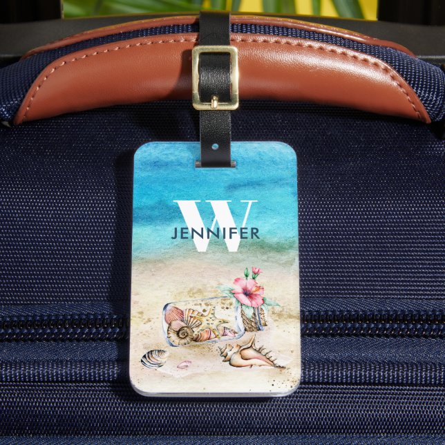 Monogram Nautical Beach & Seashells  Luggage Tag (Front Insitu 2)