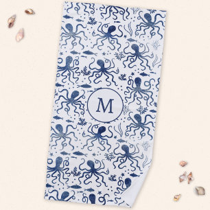 Monogram Nautical Blue Watercolor Octopus Undersea Beach Towel