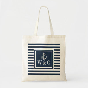 Monogram Nautical Boat Anchor Navy Blue Stripe Tote Bag