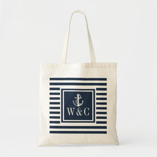 Monogram Nautical Boat Anchor Navy Blue Stripe Tote Bag