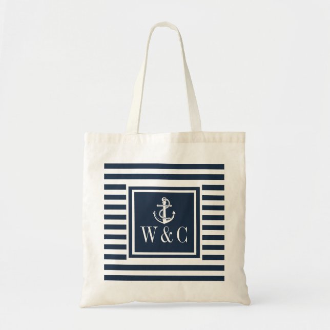 Monogram Nautical Boat Anchor Navy Blue Stripe Tote Bag (Front)
