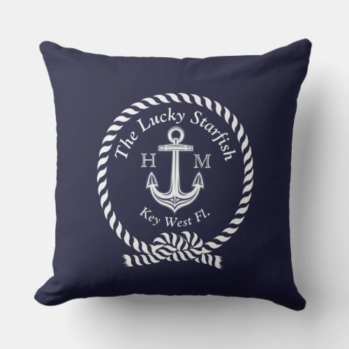 Monogram Nautical Boat Name Anchor Rope Navy Blue  Outdoor Pillow