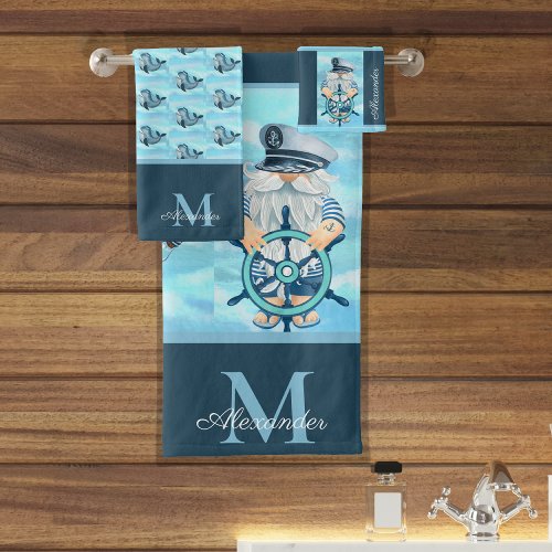 Monogram Nautical Captain Gnome Blue White Boy Bath Towel Set