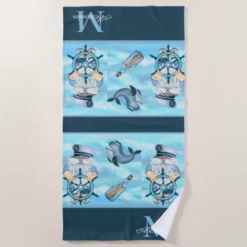 Monogram Nautical Captain n Whale Blue White Boy Beach Towel