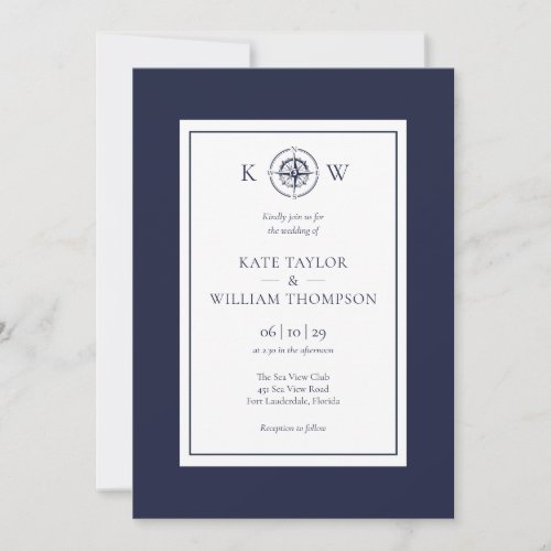 Monogram Nautical Compass Navy Blue Wedding  Invitation