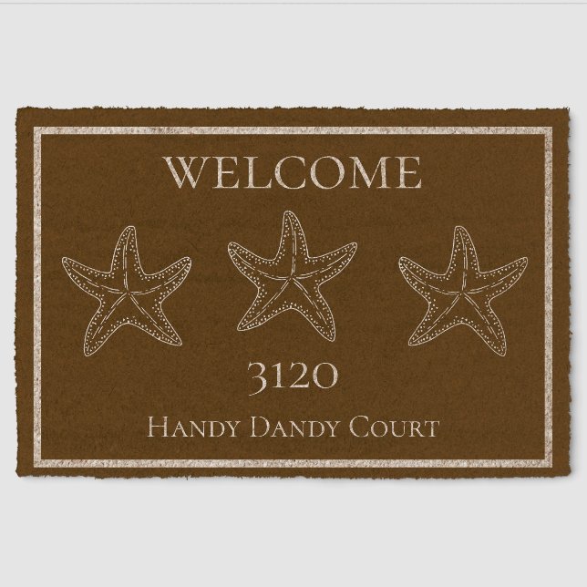 Monogram Nautical Custom Brown White Starfish  Fiber Doormat (Front)