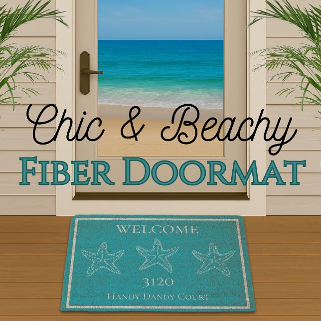 Monogram Nautical Custom Teal White Starfish  Fiber Doormat (Creator Uploaded)