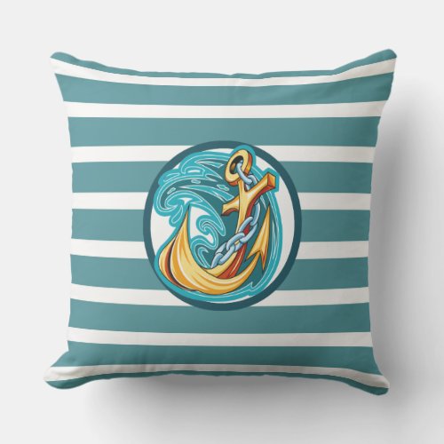 Monogram Nautical Dk Teal Stripe Outdoor Pillow Lg