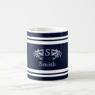 Monogram Nautical Elegant Blue White Crab Anchor C Coffee Mug