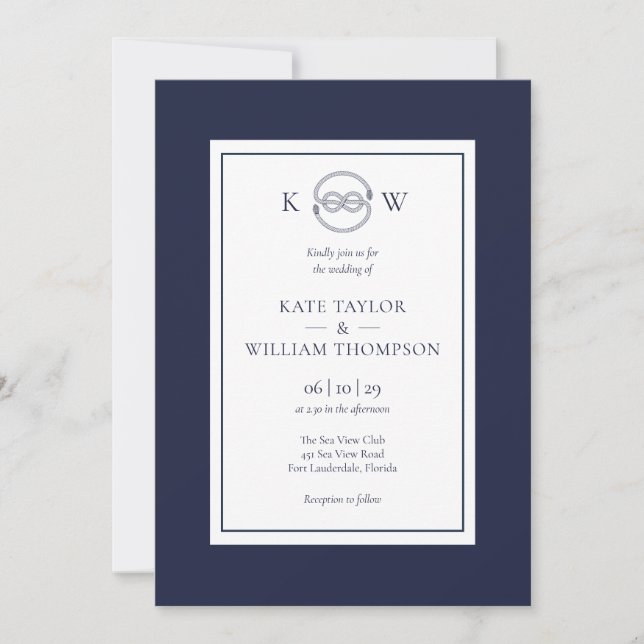 Monogram Nautical Knot Navy Blue Wedding  Invitation (Front)