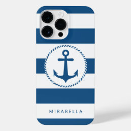 Monogram Nautical Light Blue White Stripes Anchor iPhone 14 Pro Max Case