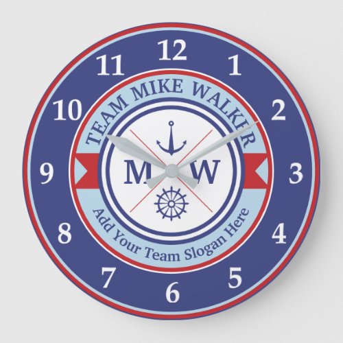 Monogram Nautical Logo Anchor Wheel Helm Motto Large Clock