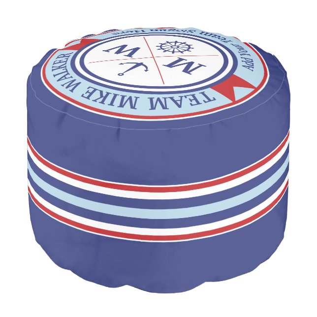 Monogram Nautical Logo Anchor Wheel Helm Motto Pouf (Angled Front)