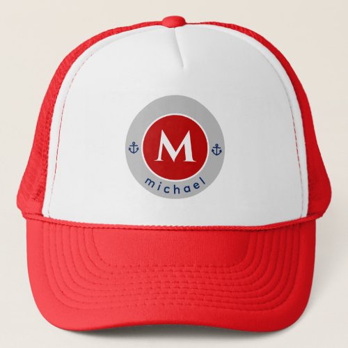 Monogram Nautical Marine Navy Blue Red Stripes Trucker Hat