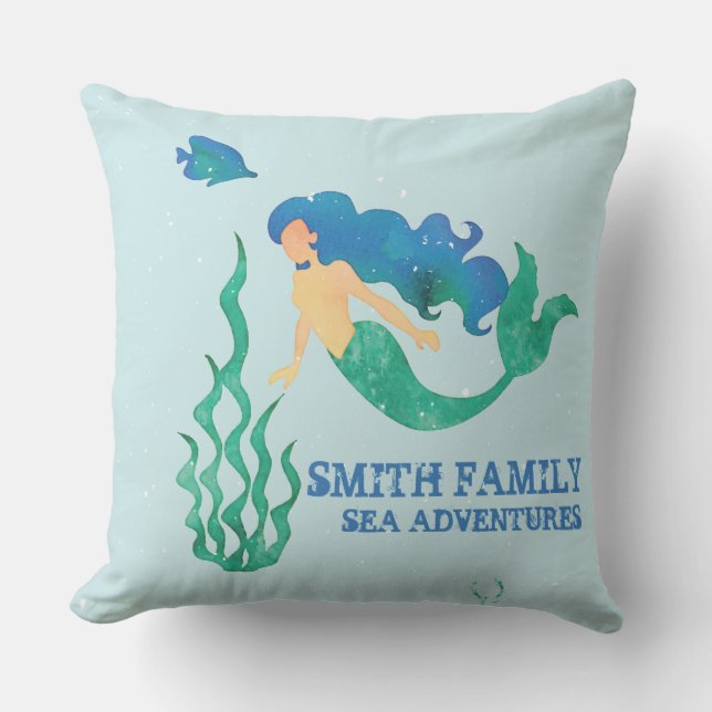 Monogram. Nautical. Mermaids' Bay. Family Name. Throw Pillow (Front)